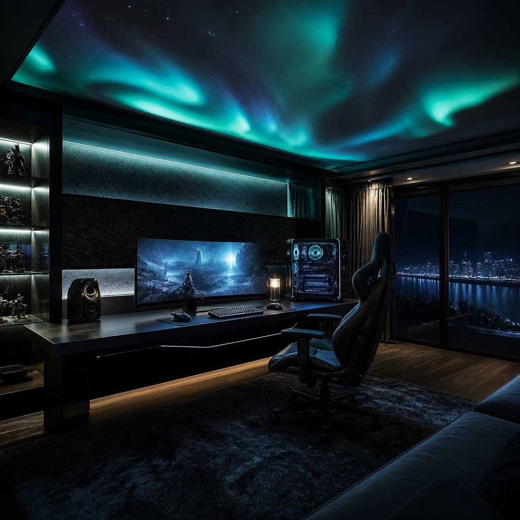 A top-spec curved-panel gaming station under the widest part of the aurora ceiling