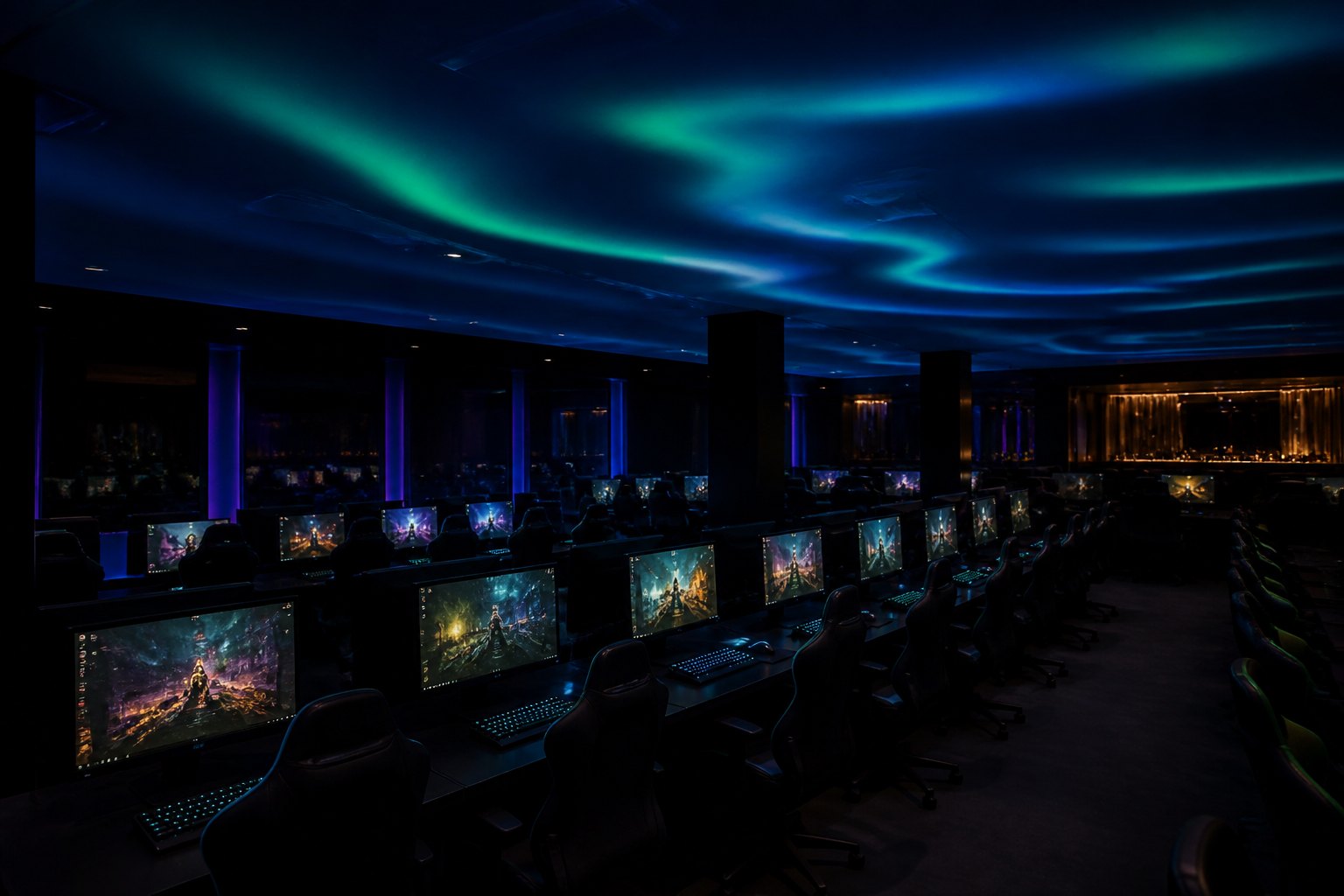 Night gaming hall with rows of stations glowing under a green and violet aurora ceiling
