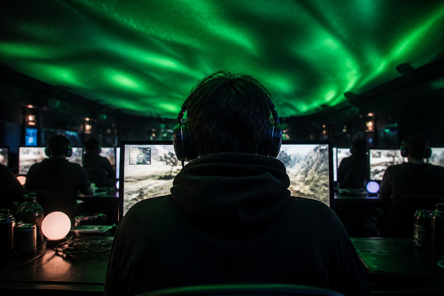 A player leaning back in headphones at a station, relaxed under the soft aurora glow
